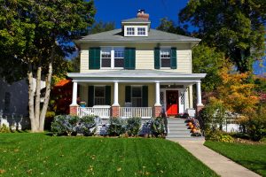 two-story home decorated for halloween